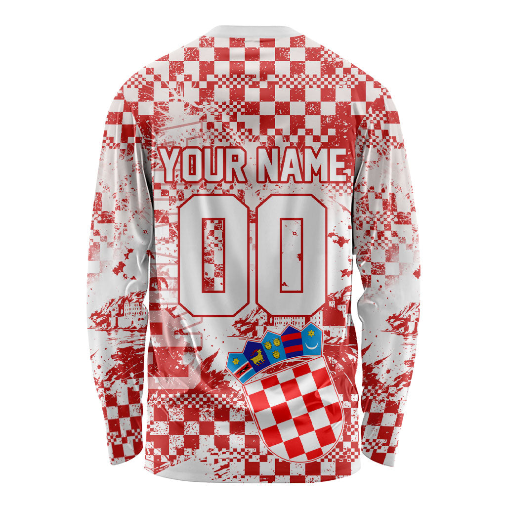 Personalized Croatia Football Wolf Mascot Long Sleeve Shirt Checkerboard Soccer Pride - Splatter Textures