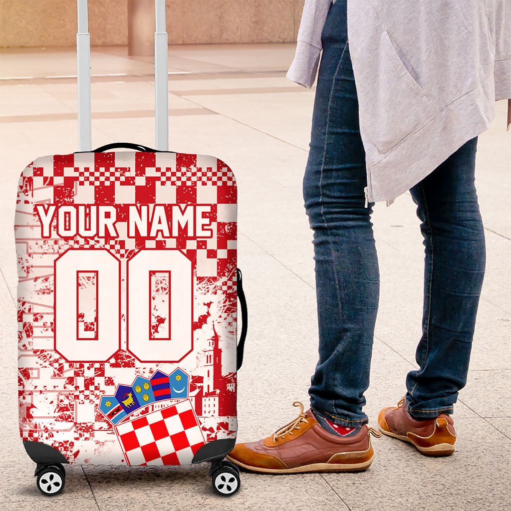 Personalized Croatia Football Wolf Mascot Luggage Cover Checkerboard Soccer Pride - Splatter Textures