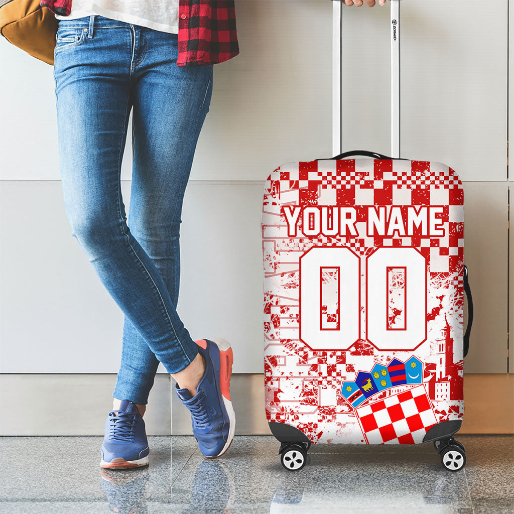 Personalized Croatia Football Wolf Mascot Luggage Cover Checkerboard Soccer Pride - Splatter Textures