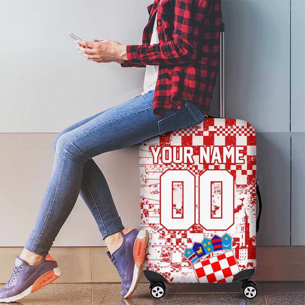 Personalized Croatia Football Wolf Mascot Luggage Cover Checkerboard Soccer Pride - Splatter Textures