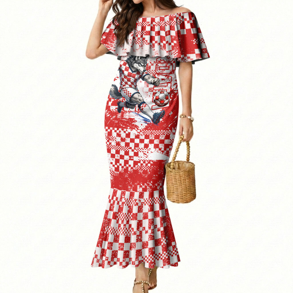 Personalized Croatia Football Wolf Mascot Mermaid Dress Checkerboard Soccer Pride - Splatter Textures