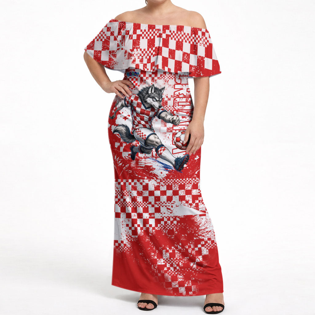 Personalized Croatia Football Wolf Mascot Off Shoulder Maxi Dress Checkerboard Soccer Pride - Splatter Textures