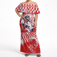 Personalized Croatia Football Wolf Mascot Off Shoulder Maxi Dress Checkerboard Soccer Pride - Splatter Textures
