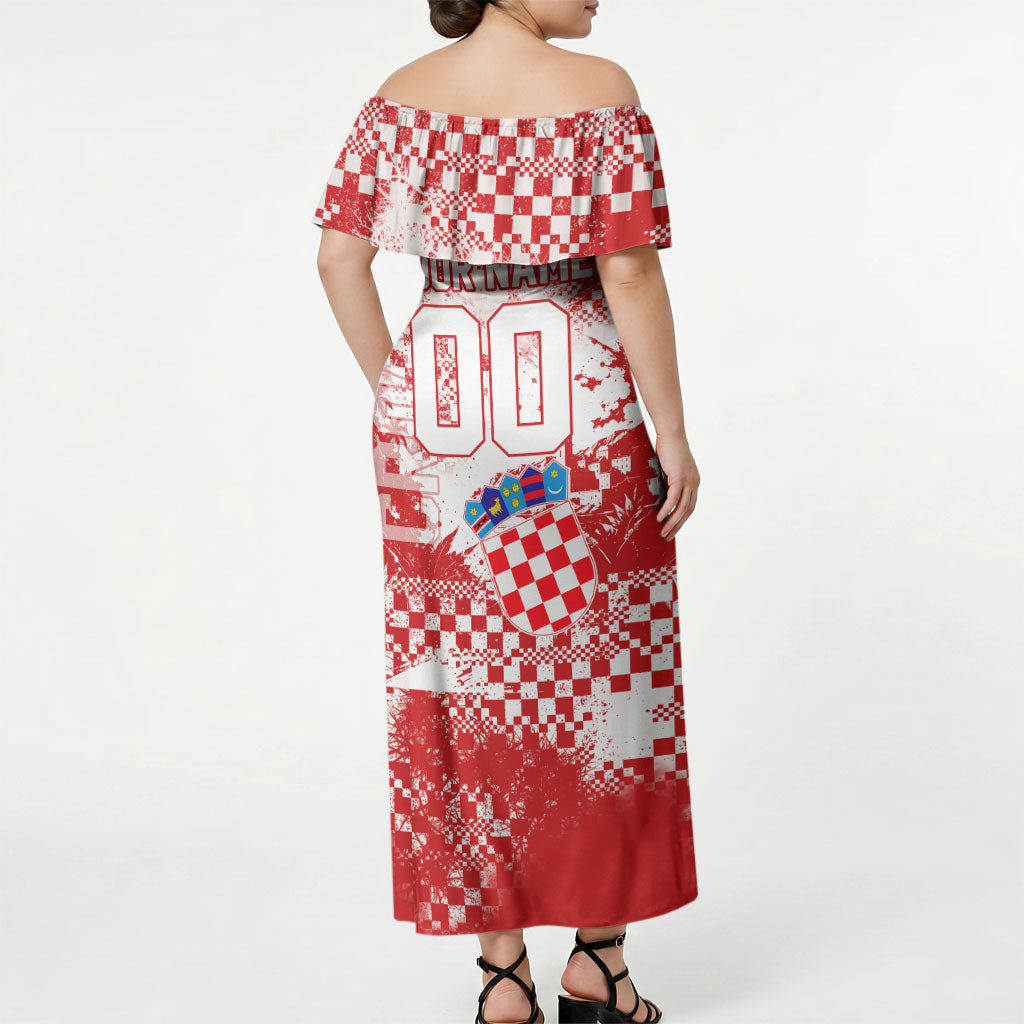 Personalized Croatia Football Wolf Mascot Off Shoulder Maxi Dress Checkerboard Soccer Pride - Splatter Textures