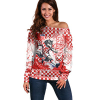 Personalized Croatia Football Wolf Mascot Off Shoulder Sweater Checkerboard Soccer Pride - Splatter Textures