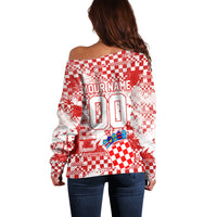 Personalized Croatia Football Wolf Mascot Off Shoulder Sweater Checkerboard Soccer Pride - Splatter Textures