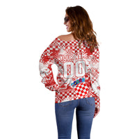 Personalized Croatia Football Wolf Mascot Off Shoulder Sweater Checkerboard Soccer Pride - Splatter Textures