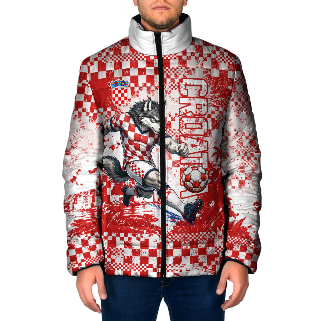 Personalized Croatia Football Wolf Mascot Padded Jacket Checkerboard Soccer Pride - Splatter Textures