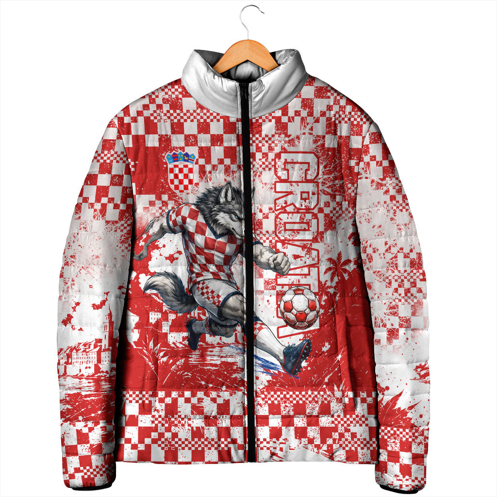 Personalized Croatia Football Wolf Mascot Padded Jacket Checkerboard Soccer Pride - Splatter Textures