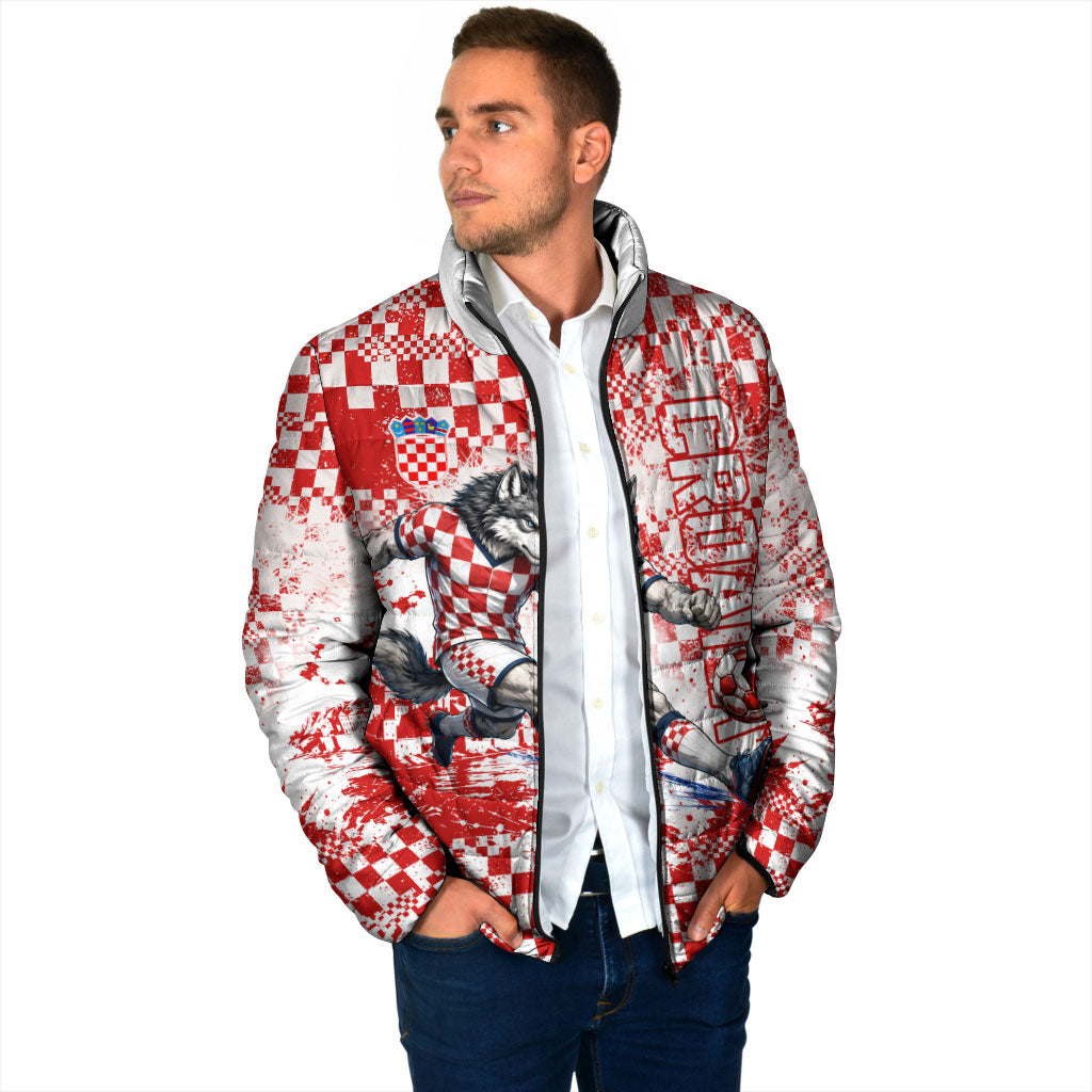 Personalized Croatia Football Wolf Mascot Padded Jacket Checkerboard Soccer Pride - Splatter Textures