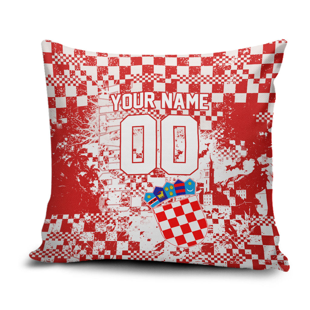 Personalized Croatia Football Wolf Mascot Pillow Cover Checkerboard Soccer Pride - Splatter Textures
