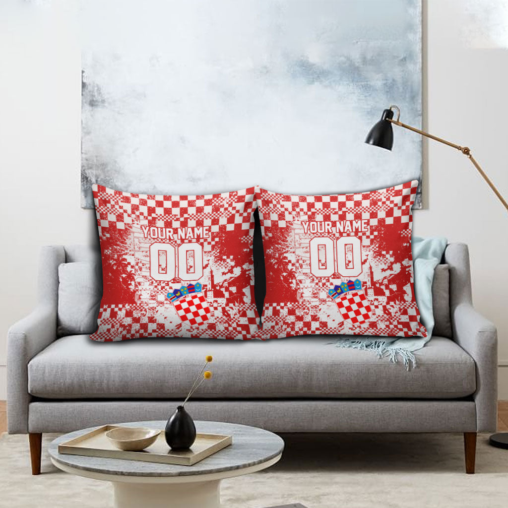 Personalized Croatia Football Wolf Mascot Pillow Cover Checkerboard Soccer Pride - Splatter Textures