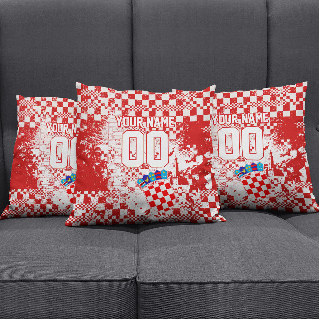 Personalized Croatia Football Wolf Mascot Pillow Cover Checkerboard Soccer Pride - Splatter Textures