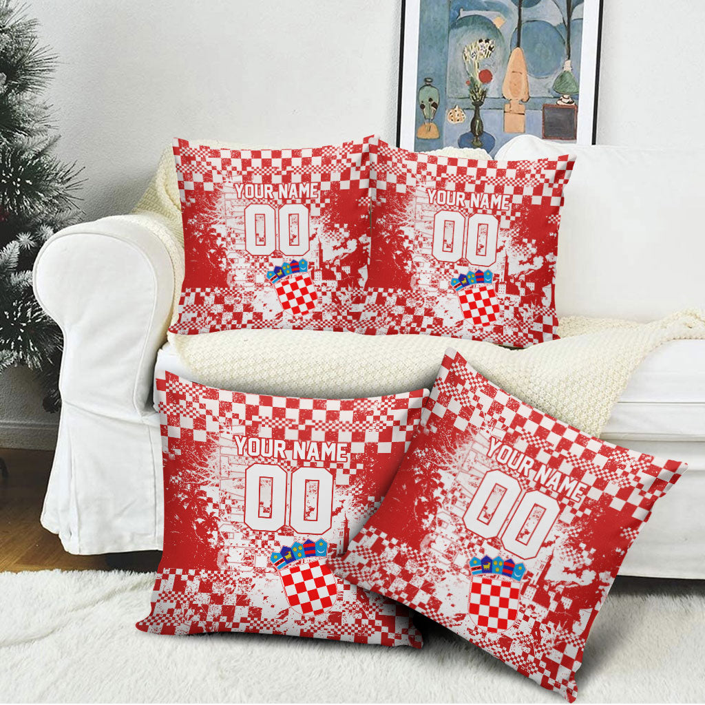 Personalized Croatia Football Wolf Mascot Pillow Cover Checkerboard Soccer Pride - Splatter Textures
