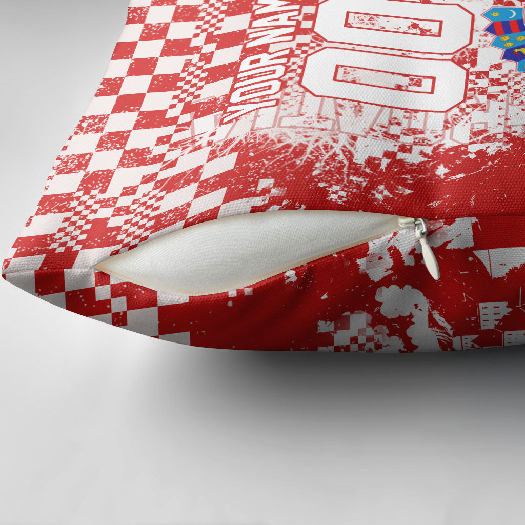 Personalized Croatia Football Wolf Mascot Pillow Cover Checkerboard Soccer Pride - Splatter Textures