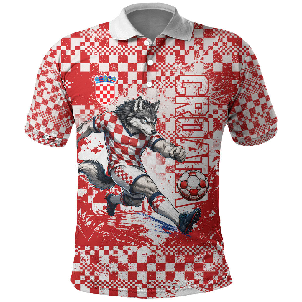 Personalized Croatia Football Wolf Mascot Polo Shirt Checkerboard Soccer Pride - Splatter Textures