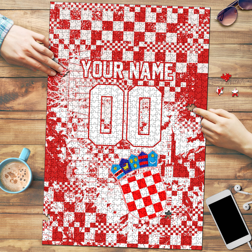 Personalized Croatia Football Wolf Mascot Puzzle Checkerboard Soccer Pride - Splatter Textures