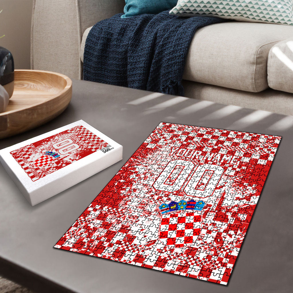 Personalized Croatia Football Wolf Mascot Puzzle Checkerboard Soccer Pride - Splatter Textures