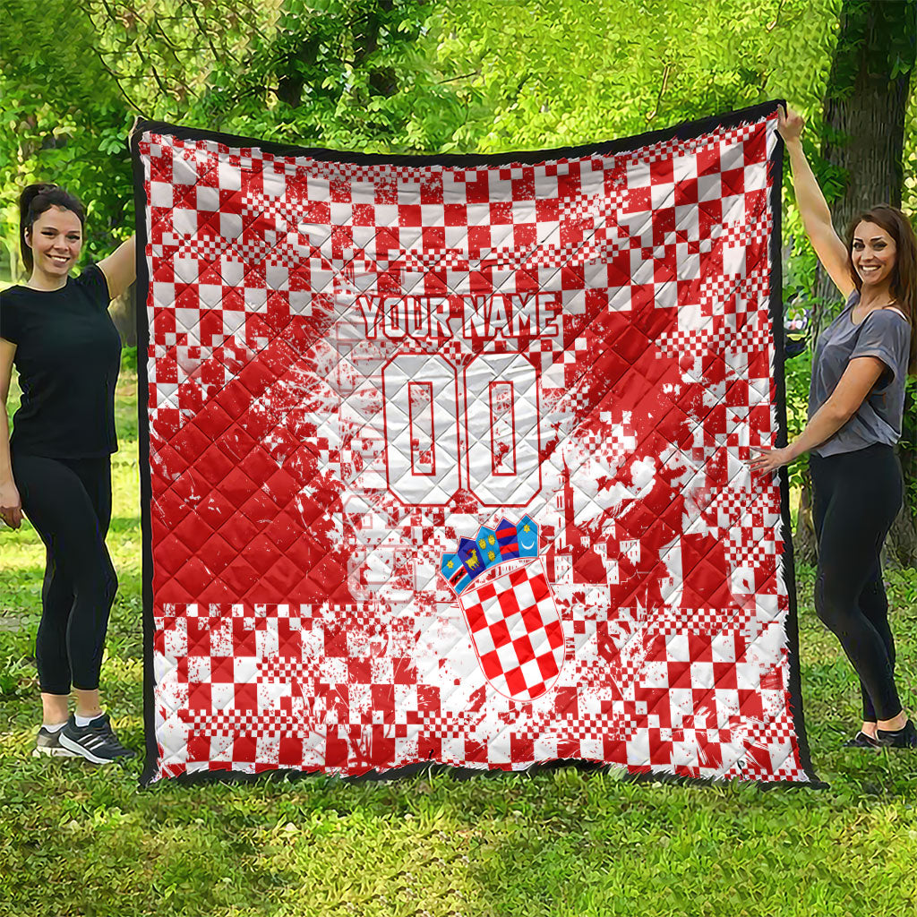 Personalized Croatia Football Wolf Mascot Quilt Checkerboard Soccer Pride - Splatter Textures