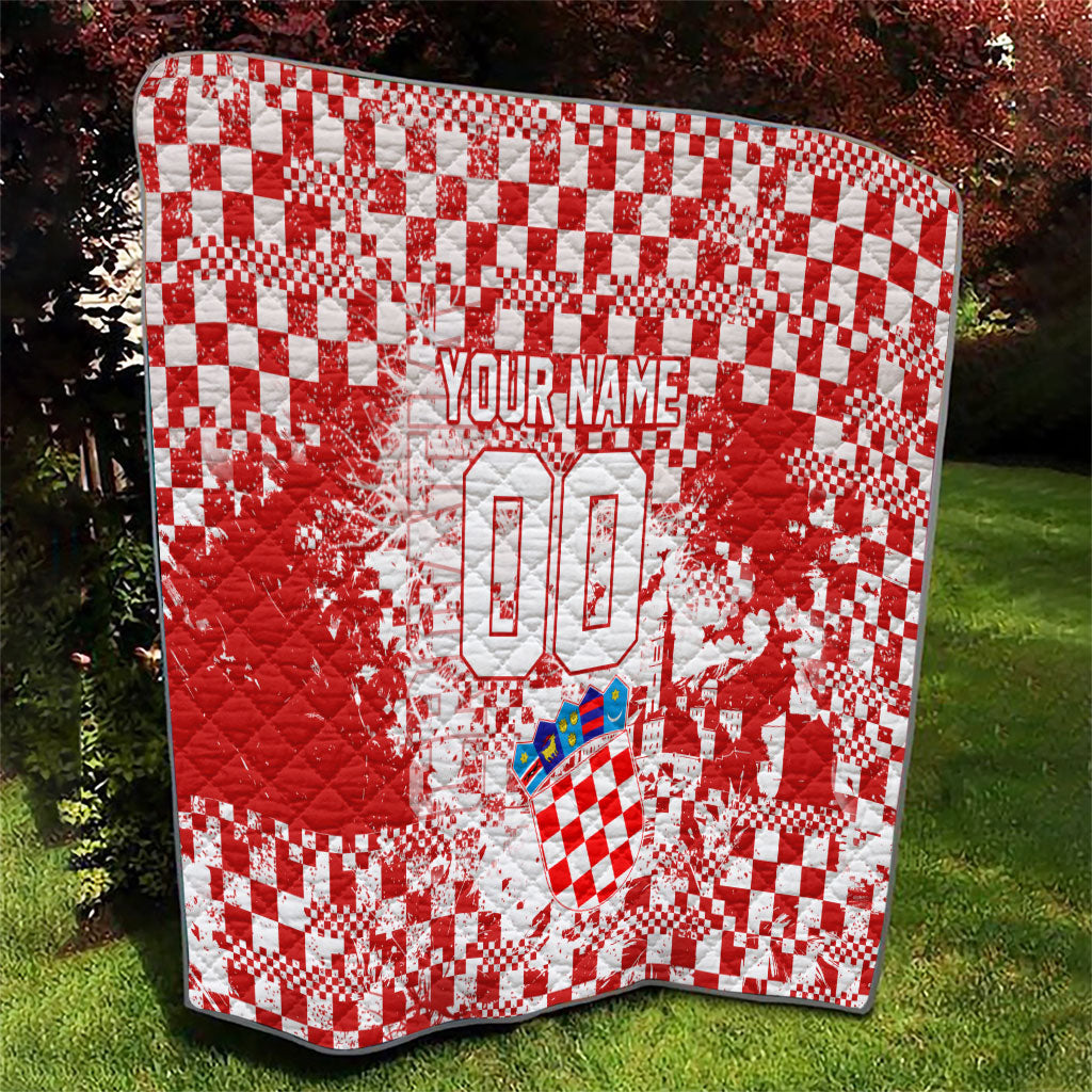 Personalized Croatia Football Wolf Mascot Quilt Checkerboard Soccer Pride - Splatter Textures