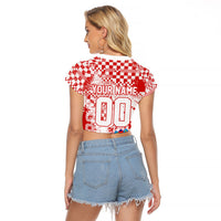 Personalized Croatia Football Wolf Mascot Raglan Cropped T Shirt Checkerboard Soccer Pride - Splatter Textures