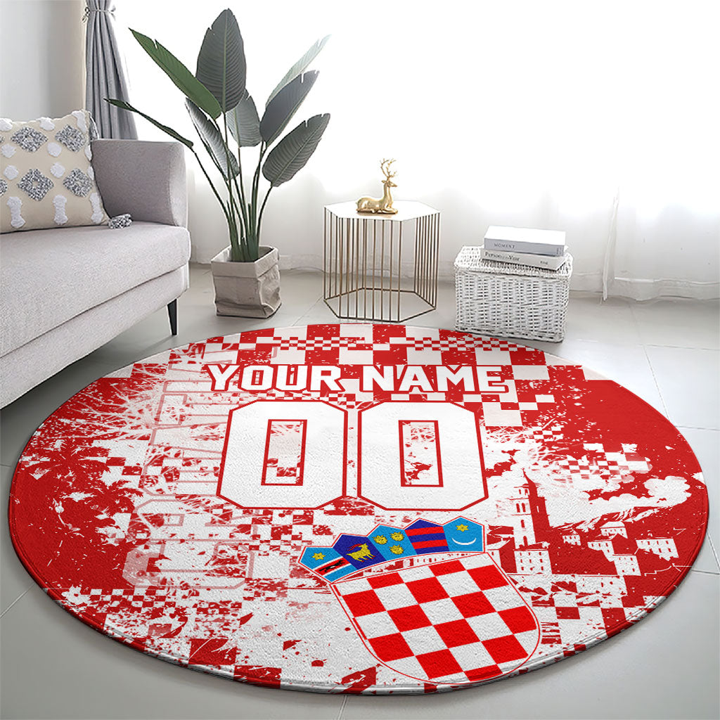 Personalized Croatia Football Wolf Mascot Round Carpet Checkerboard Soccer Pride - Splatter Textures