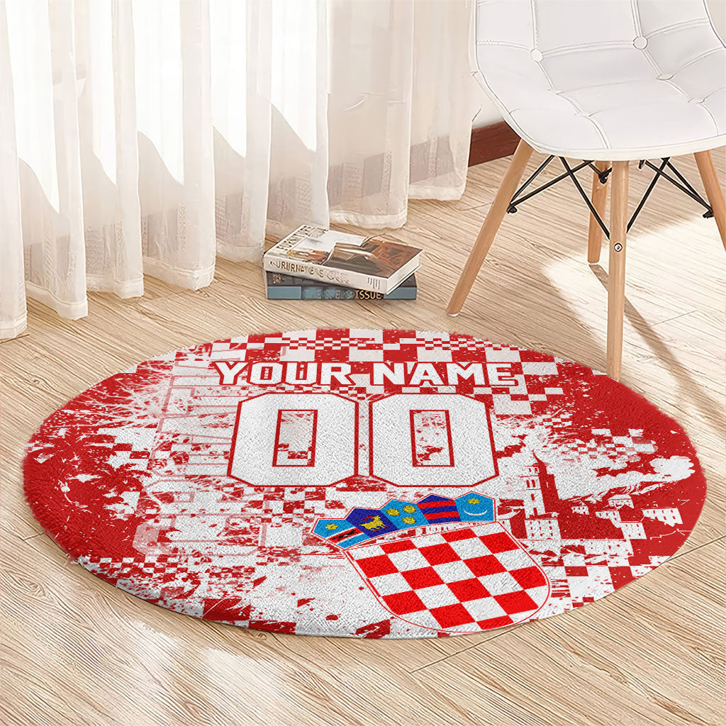 Personalized Croatia Football Wolf Mascot Round Carpet Checkerboard Soccer Pride - Splatter Textures