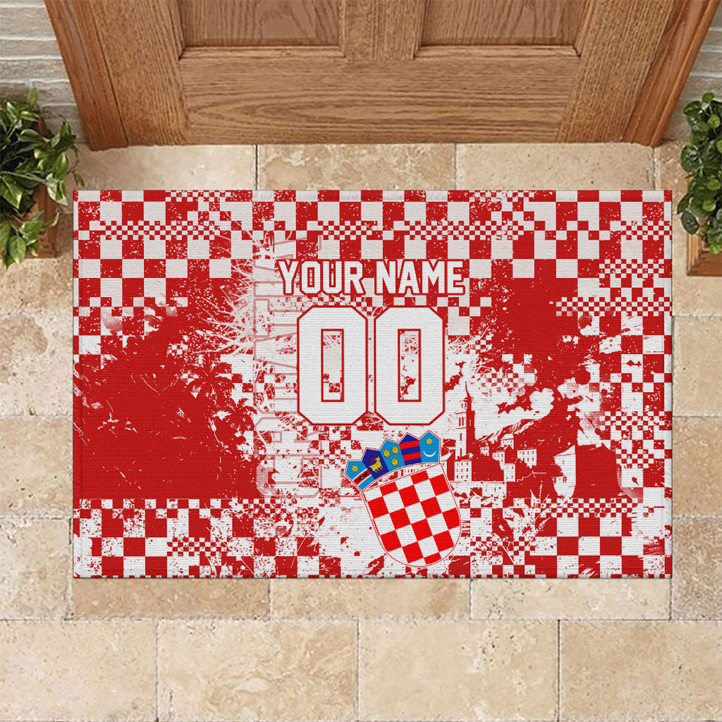 Personalized Croatia Football Wolf Mascot Rubber Doormat Checkerboard Soccer Pride - Splatter Textures