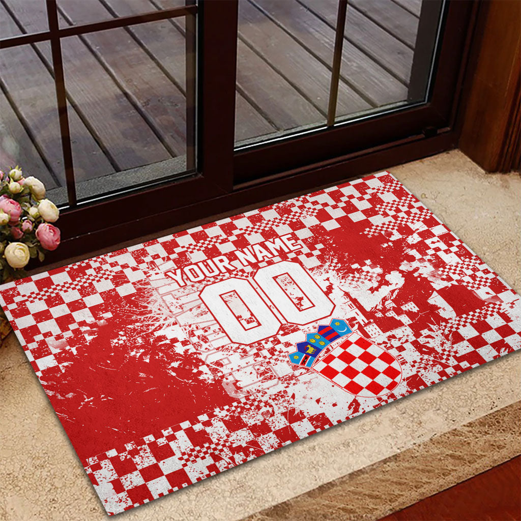 Personalized Croatia Football Wolf Mascot Rubber Doormat Checkerboard Soccer Pride - Splatter Textures