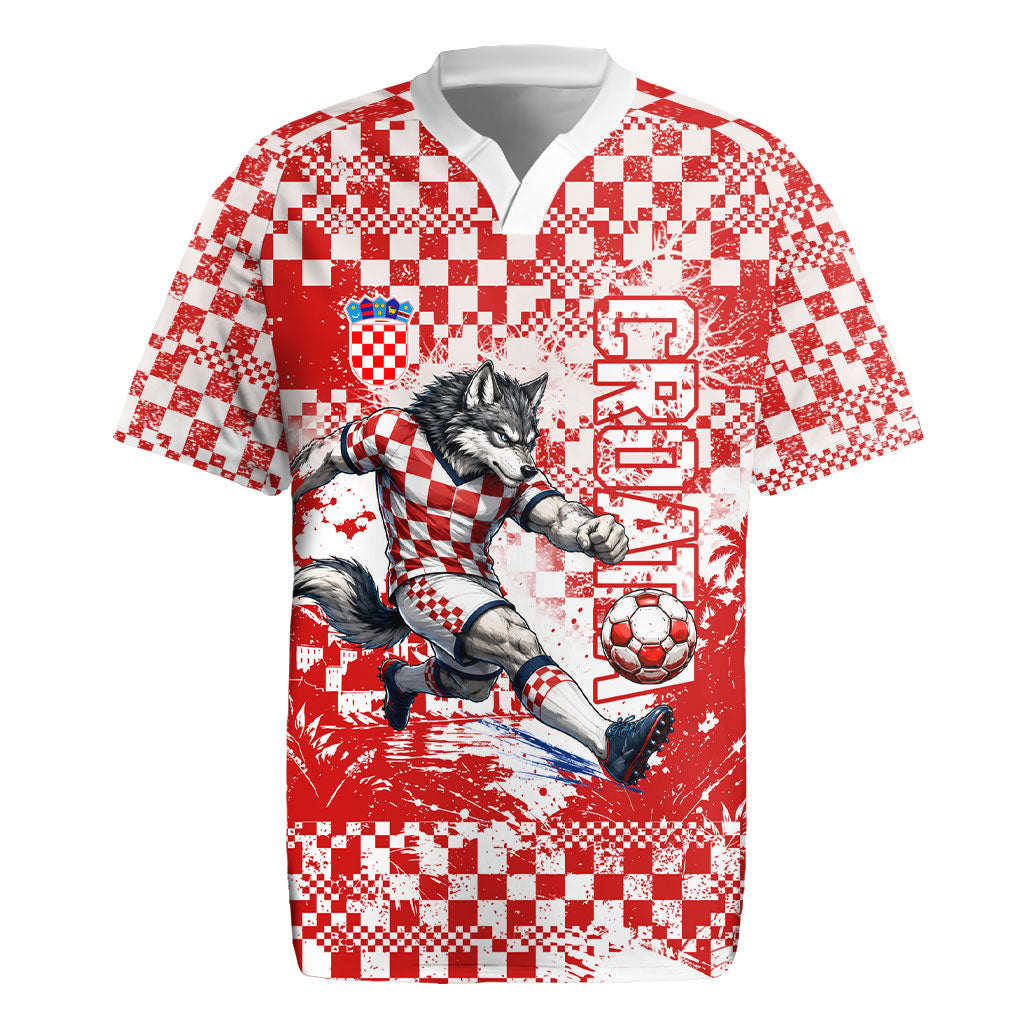 Personalized Croatia Football Wolf Mascot Rugby Jersey Checkerboard Soccer Pride - Splatter Textures