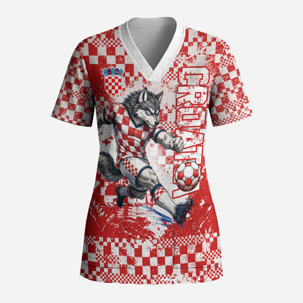 Personalized Croatia Football Wolf Mascot Scrub Top Checkerboard Soccer Pride - Splatter Textures