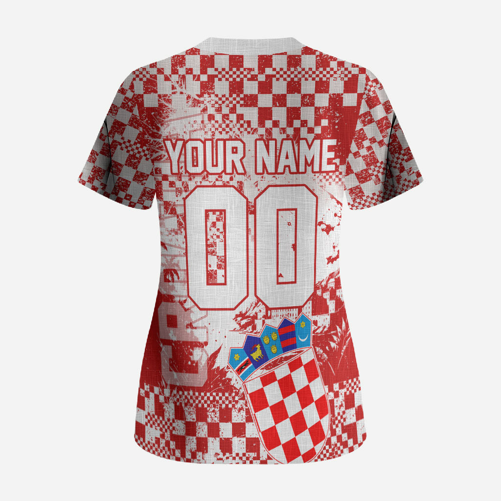 Personalized Croatia Football Wolf Mascot Scrub Top Checkerboard Soccer Pride - Splatter Textures