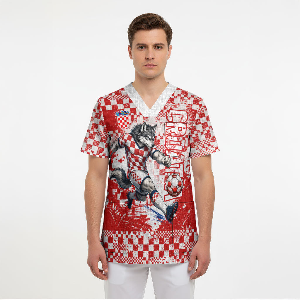 Personalized Croatia Football Wolf Mascot Scrub Top Checkerboard Soccer Pride - Splatter Textures
