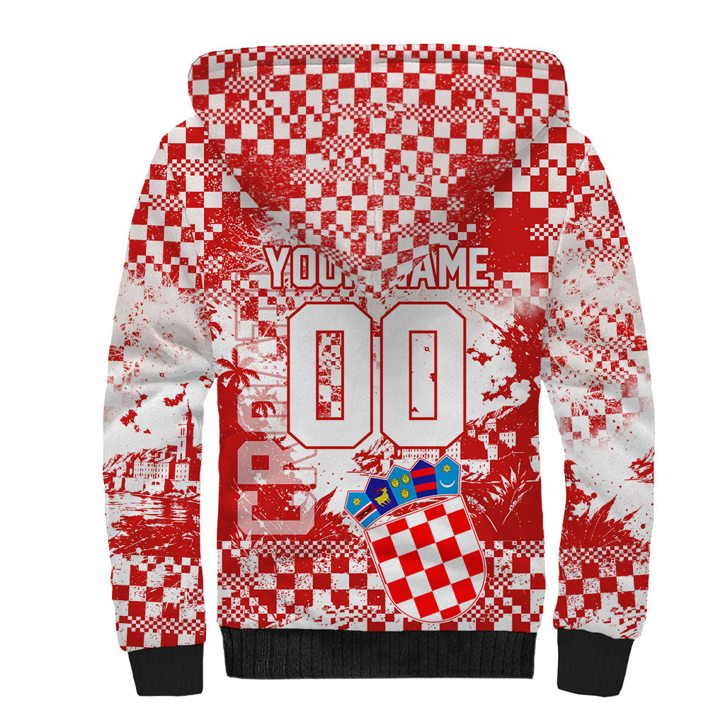 Personalized Croatia Football Wolf Mascot Sherpa Hoodie Checkerboard Soccer Pride - Splatter Textures