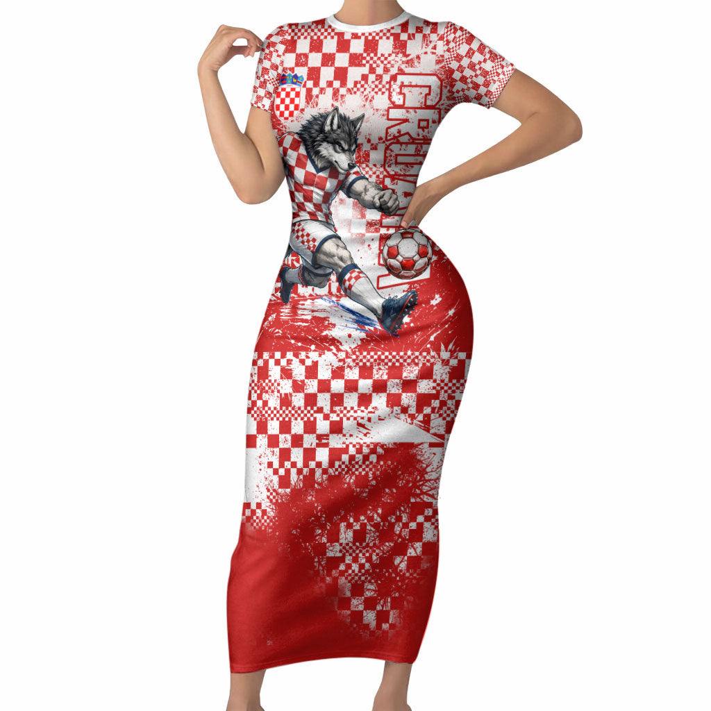 Personalized Croatia Football Wolf Mascot Short Sleeve Bodycon Dress Checkerboard Soccer Pride - Splatter Textures