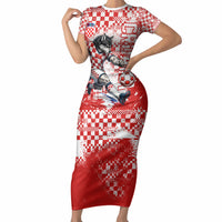 Personalized Croatia Football Wolf Mascot Short Sleeve Bodycon Dress Checkerboard Soccer Pride - Splatter Textures