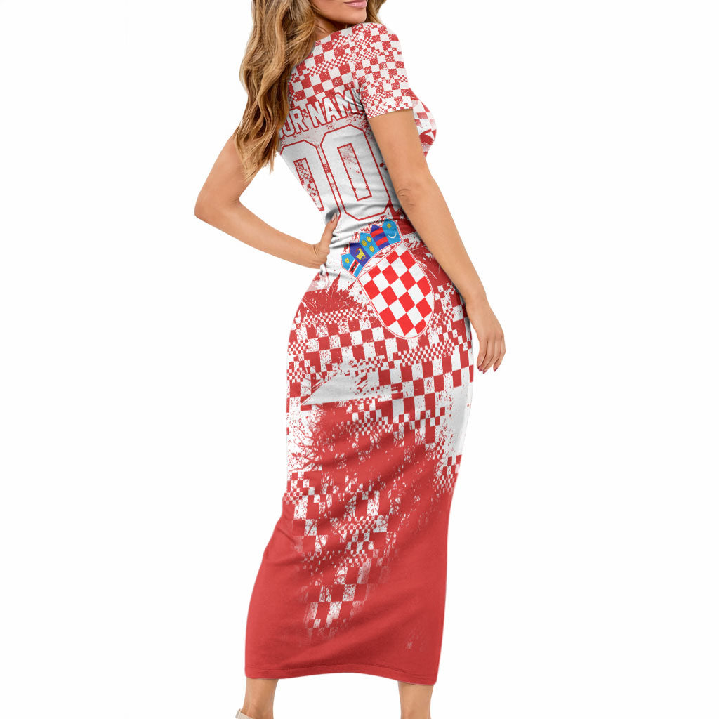Personalized Croatia Football Wolf Mascot Short Sleeve Bodycon Dress Checkerboard Soccer Pride - Splatter Textures