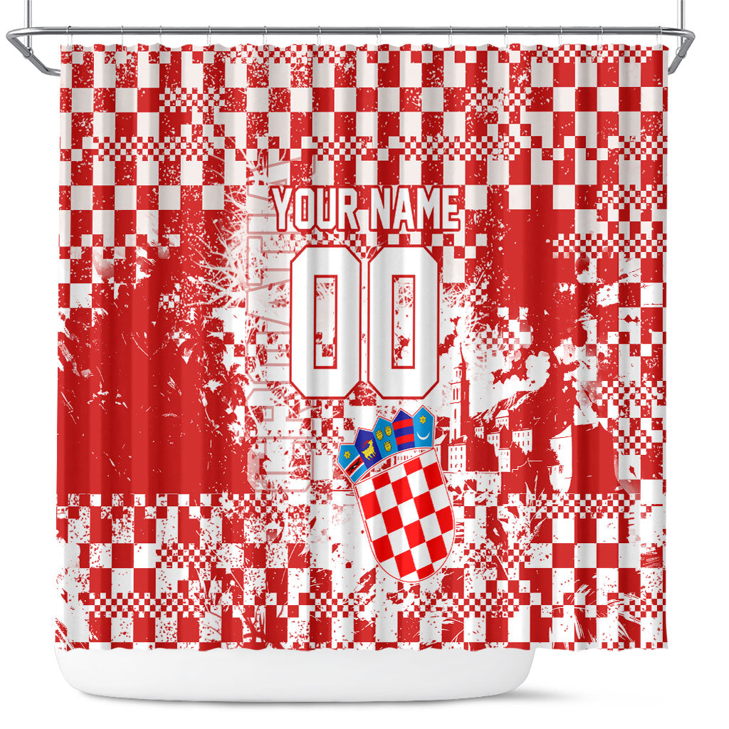 Personalized Croatia Football Wolf Mascot Shower Curtain Checkerboard Soccer Pride - Splatter Textures