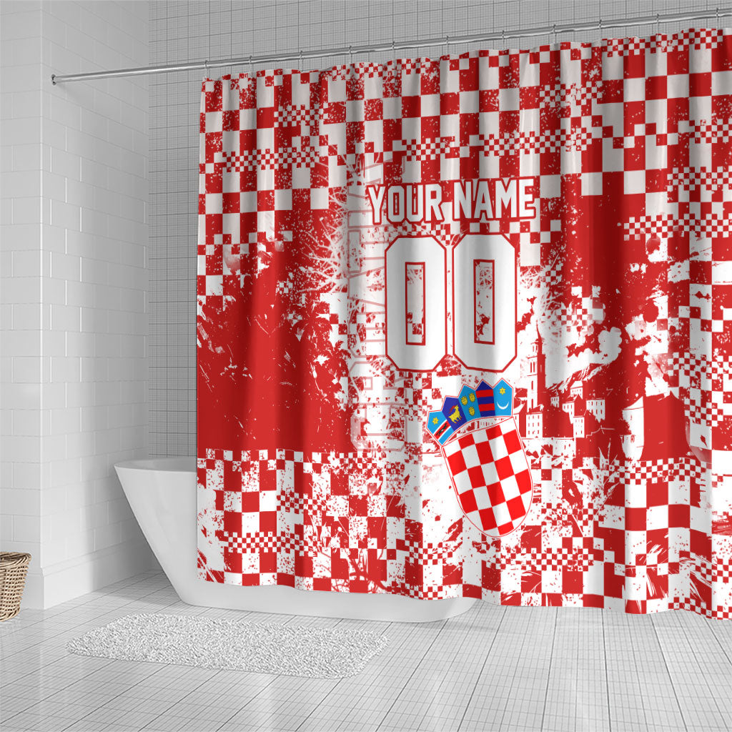 Personalized Croatia Football Wolf Mascot Shower Curtain Checkerboard Soccer Pride - Splatter Textures