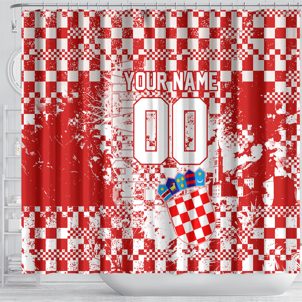 Personalized Croatia Football Wolf Mascot Shower Curtain Checkerboard Soccer Pride - Splatter Textures