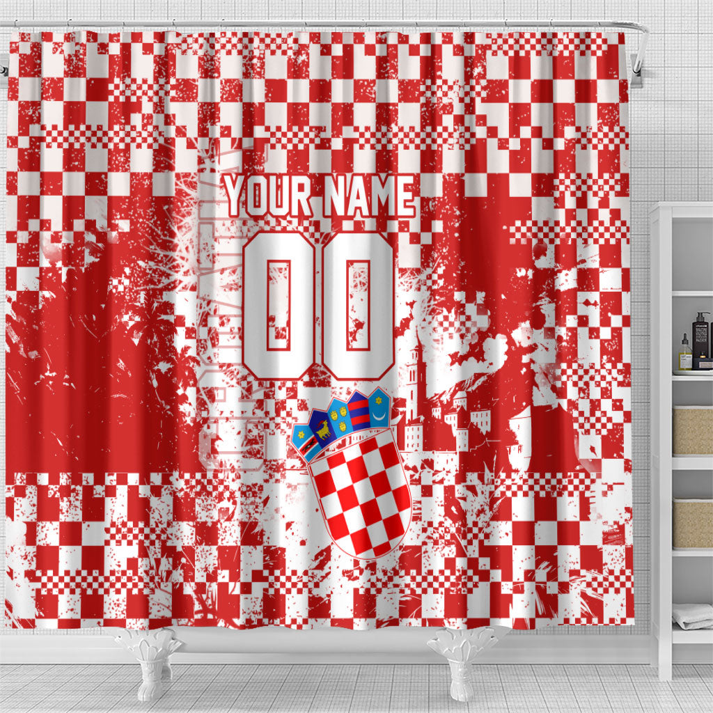 Personalized Croatia Football Wolf Mascot Shower Curtain Checkerboard Soccer Pride - Splatter Textures