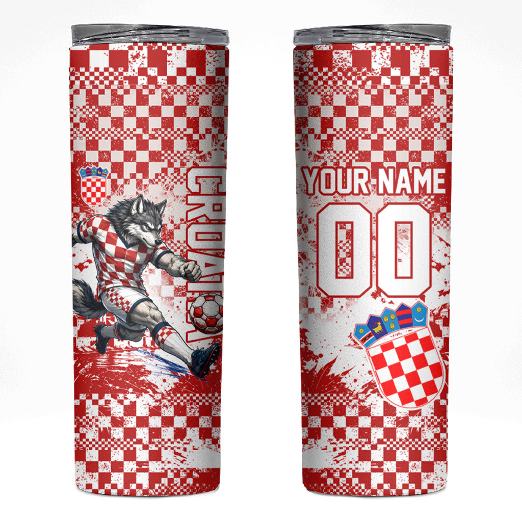 Personalized Croatia Football Wolf Mascot Skinny Tumbler Checkerboard Soccer Pride - Splatter Textures