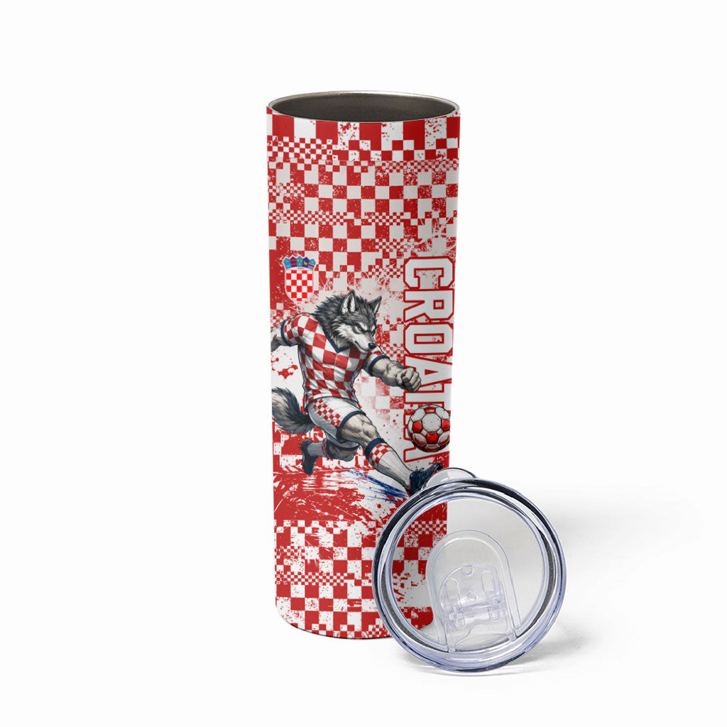 Personalized Croatia Football Wolf Mascot Skinny Tumbler Checkerboard Soccer Pride - Splatter Textures