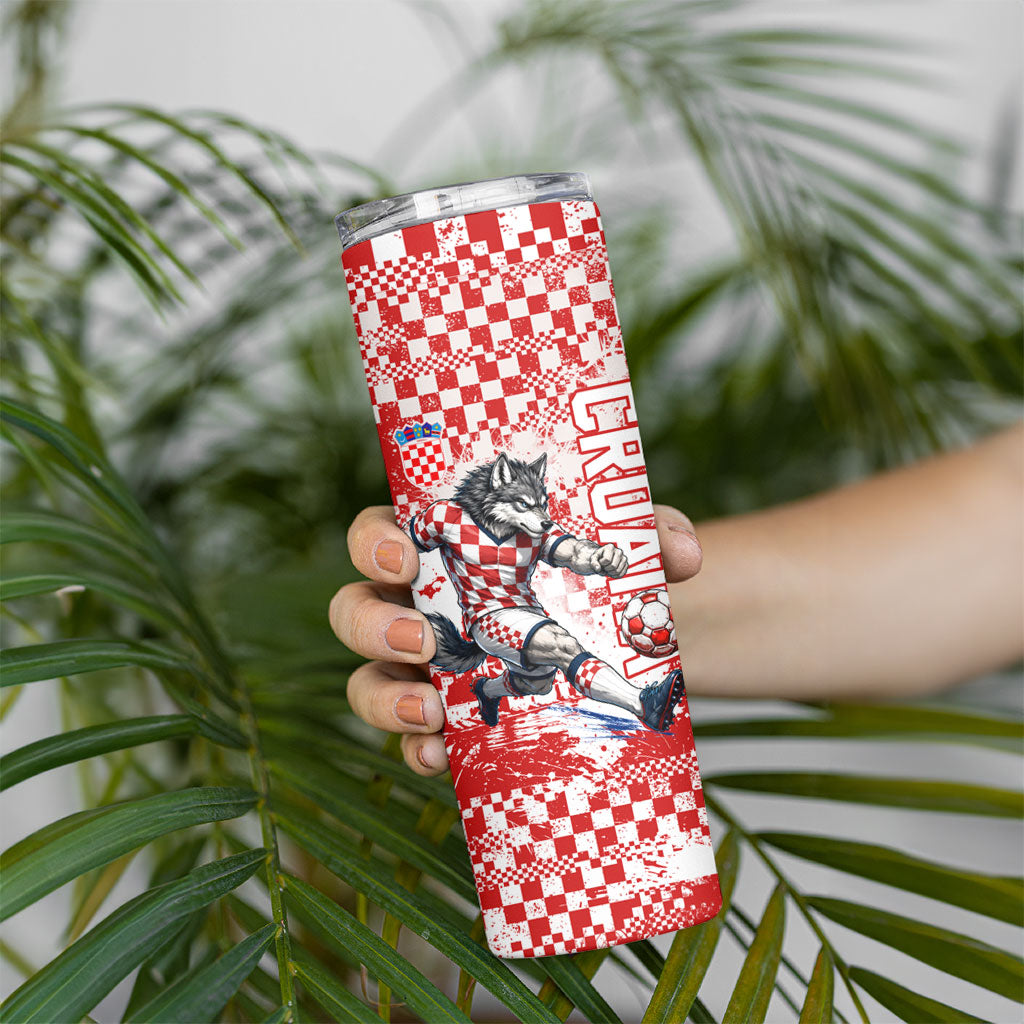 Personalized Croatia Football Wolf Mascot Skinny Tumbler Checkerboard Soccer Pride - Splatter Textures