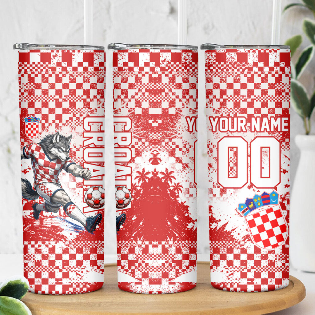 Personalized Croatia Football Wolf Mascot Skinny Tumbler Checkerboard Soccer Pride - Splatter Textures