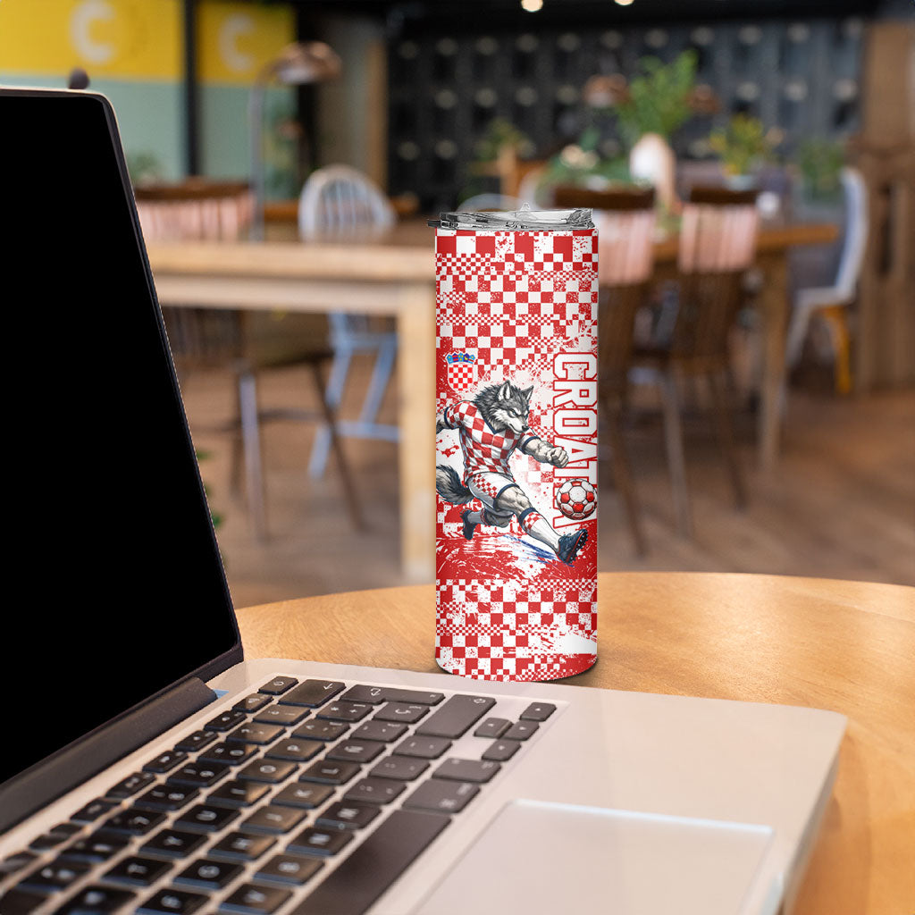 Personalized Croatia Football Wolf Mascot Skinny Tumbler Checkerboard Soccer Pride - Splatter Textures