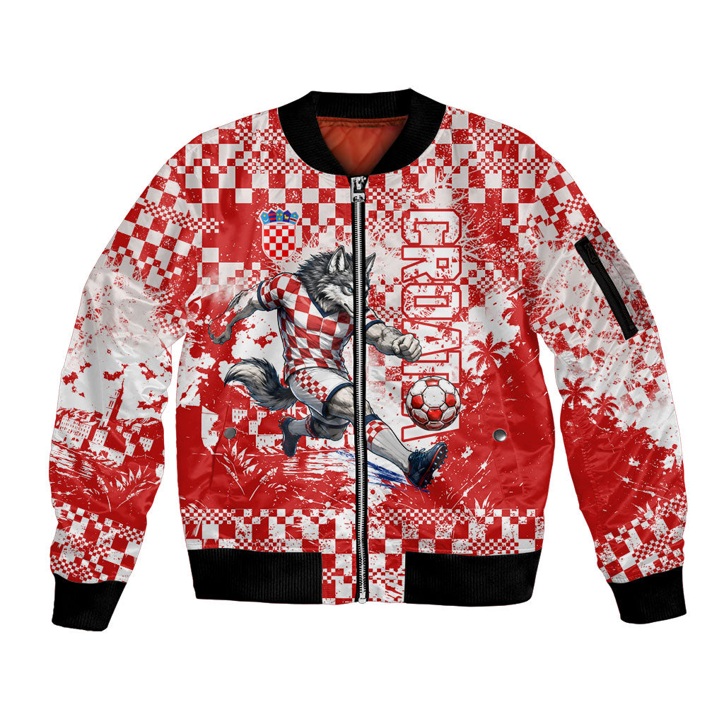 Personalized Croatia Football Wolf Mascot Sleeve Zip Bomber Jacket Checkerboard Soccer Pride - Splatter Textures