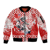 Personalized Croatia Football Wolf Mascot Sleeve Zip Bomber Jacket Checkerboard Soccer Pride - Splatter Textures
