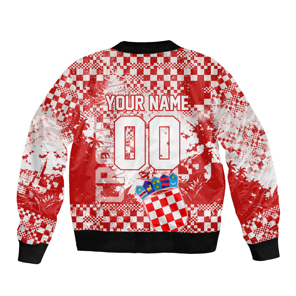 Personalized Croatia Football Wolf Mascot Sleeve Zip Bomber Jacket Checkerboard Soccer Pride - Splatter Textures