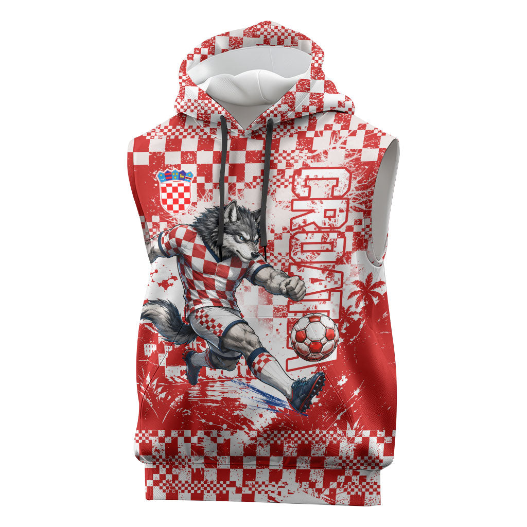 Personalized Croatia Football Wolf Mascot Sleeveless Hoodie Checkerboard Soccer Pride - Splatter Textures